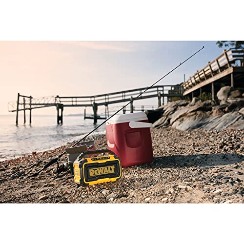 DEWALT 20V MAX Bluetooth Speaker, 100 ft Range, Durable for Jobsites, Phone Holder Included, Lasts 8-10 Hours with Single Charge