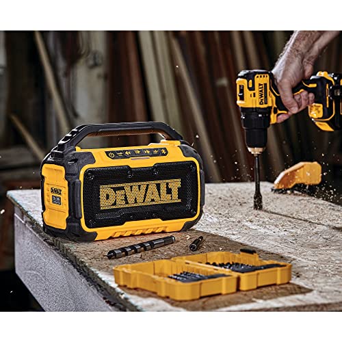 DEWALT 20V MAX Bluetooth Speaker, 100 ft Range, Durable for Jobsites, Phone Holder Included, Lasts 8-10 Hours with Single Charge