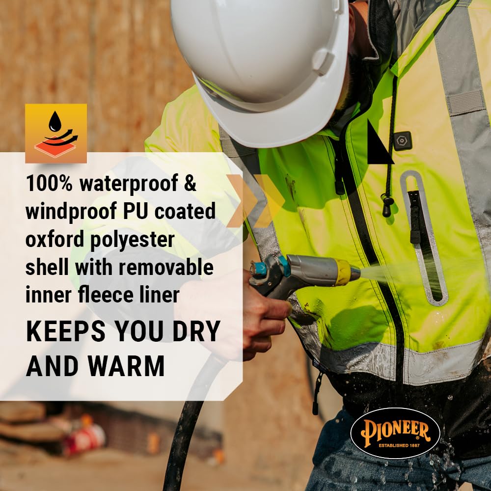 Pioneer Hi Vis - Waterproof, Reflective, ANSI Class 3, Rain Jacket with Detachable Hood