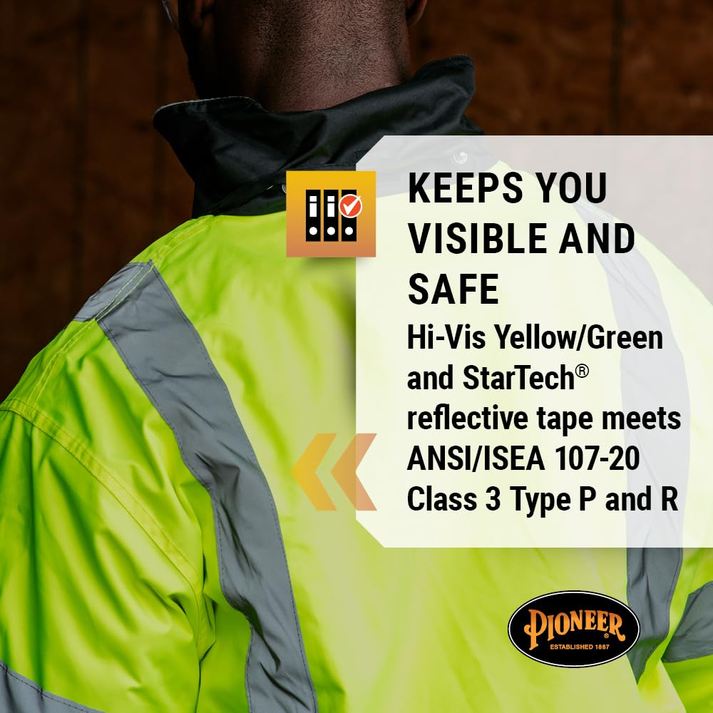 Pioneer Hi Vis - Waterproof, Reflective, ANSI Class 3, Rain Jacket with Detachable Hood