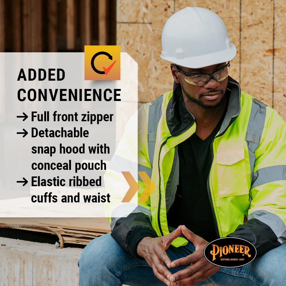 Pioneer Hi Vis - Waterproof, Reflective, ANSI Class 3, Rain Jacket with Detachable Hood