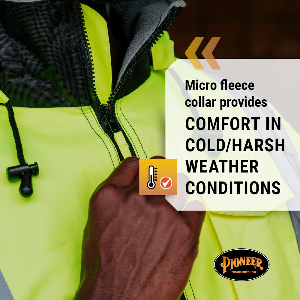 Pioneer Hi Vis - Waterproof, Reflective, ANSI Class 3, Rain Jacket with Detachable Hood