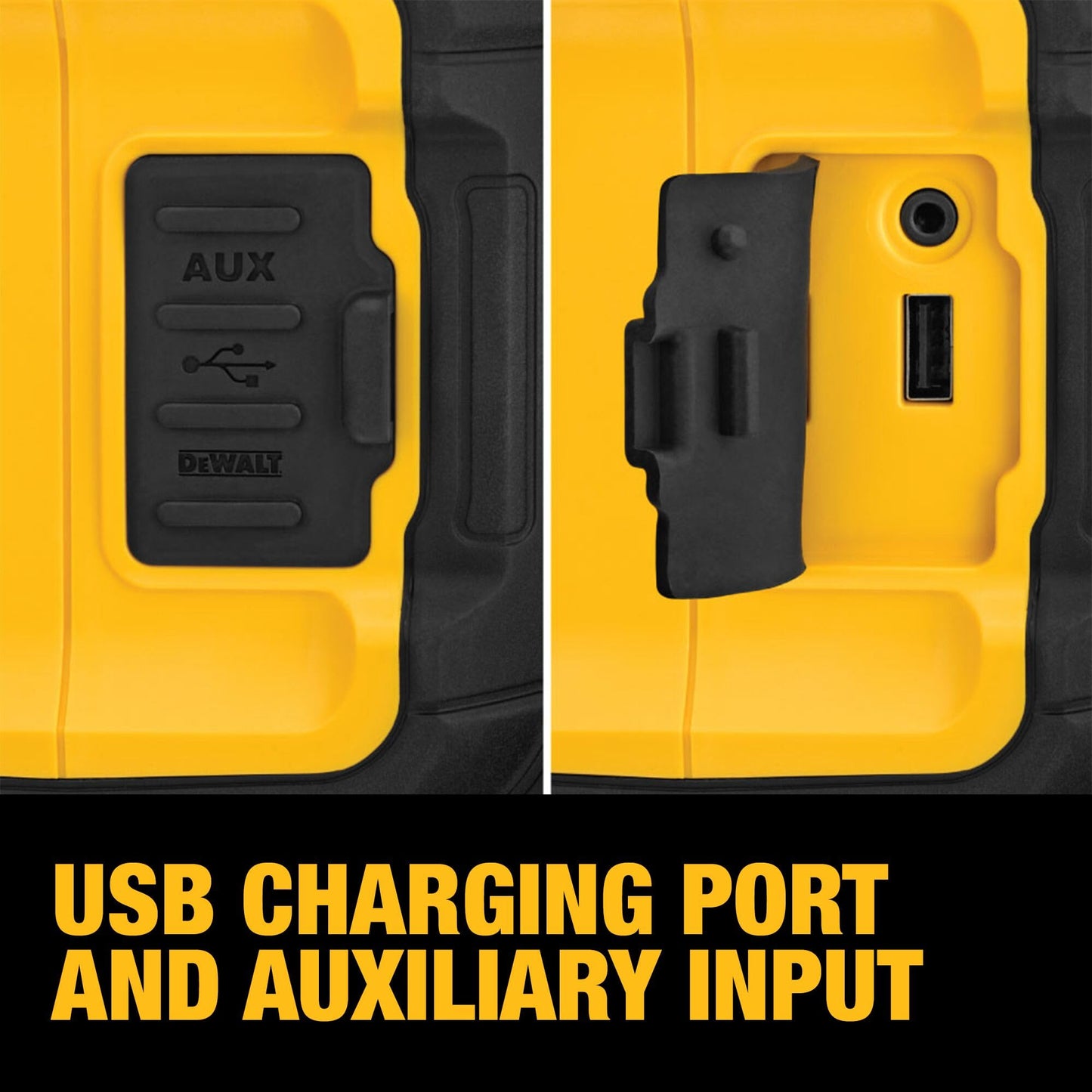 DEWALT 20V MAX Bluetooth Speaker, 100 ft Range, Durable for Jobsites, Phone Holder Included, Lasts 8-10 Hours with Single Charge