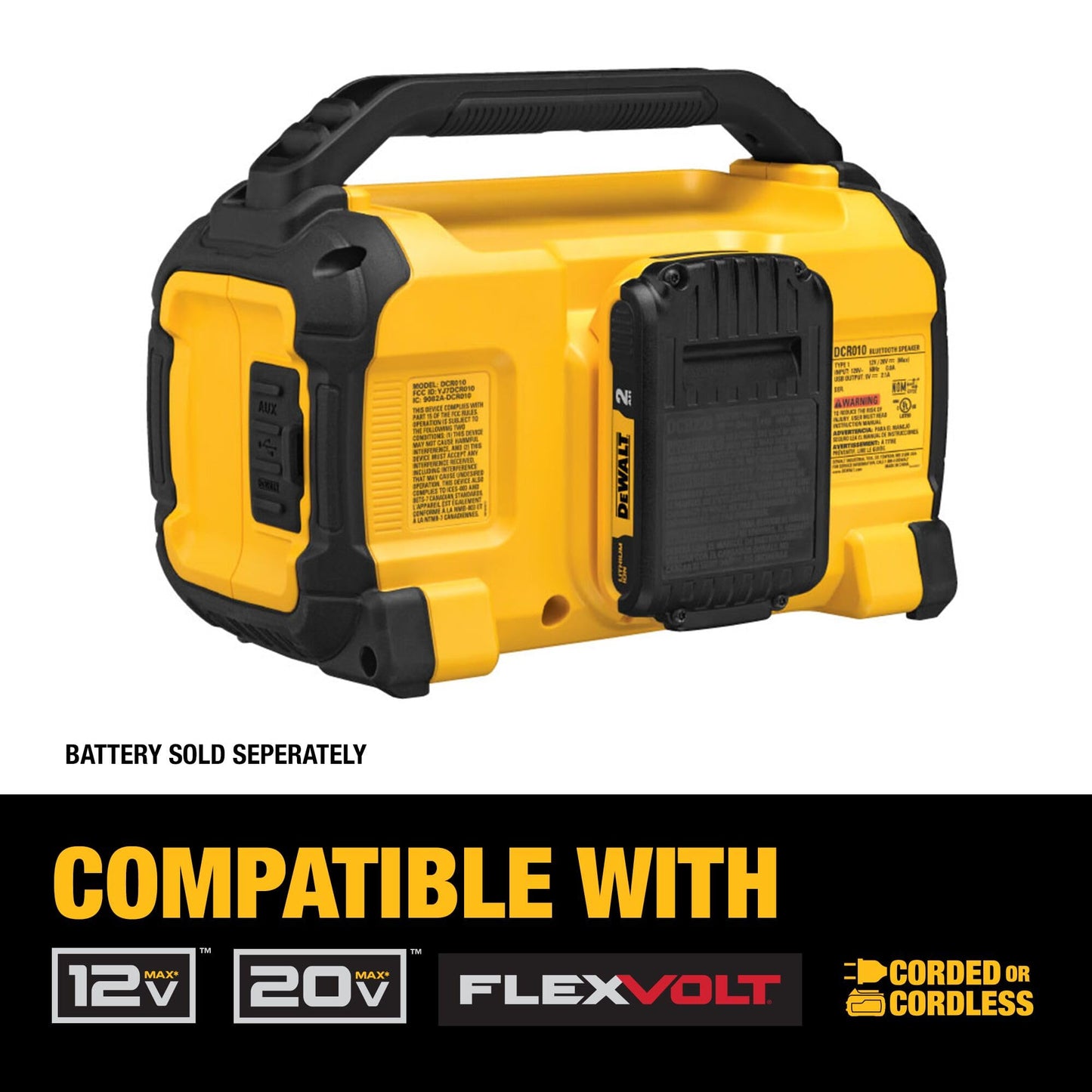 DEWALT 20V MAX Bluetooth Speaker, 100 ft Range, Durable for Jobsites, Phone Holder Included, Lasts 8-10 Hours with Single Charge