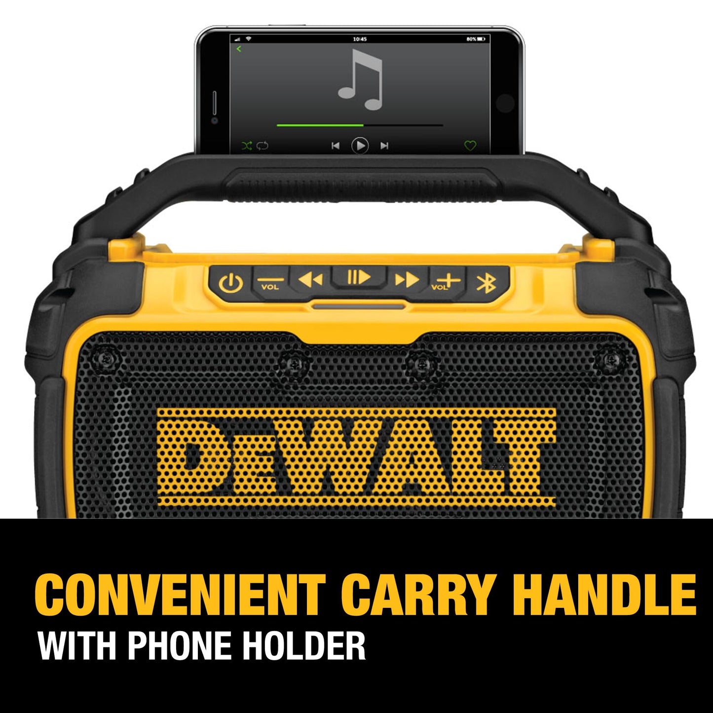 DEWALT 20V MAX Bluetooth Speaker, 100 ft Range, Durable for Jobsites, Phone Holder Included, Lasts 8-10 Hours with Single Charge