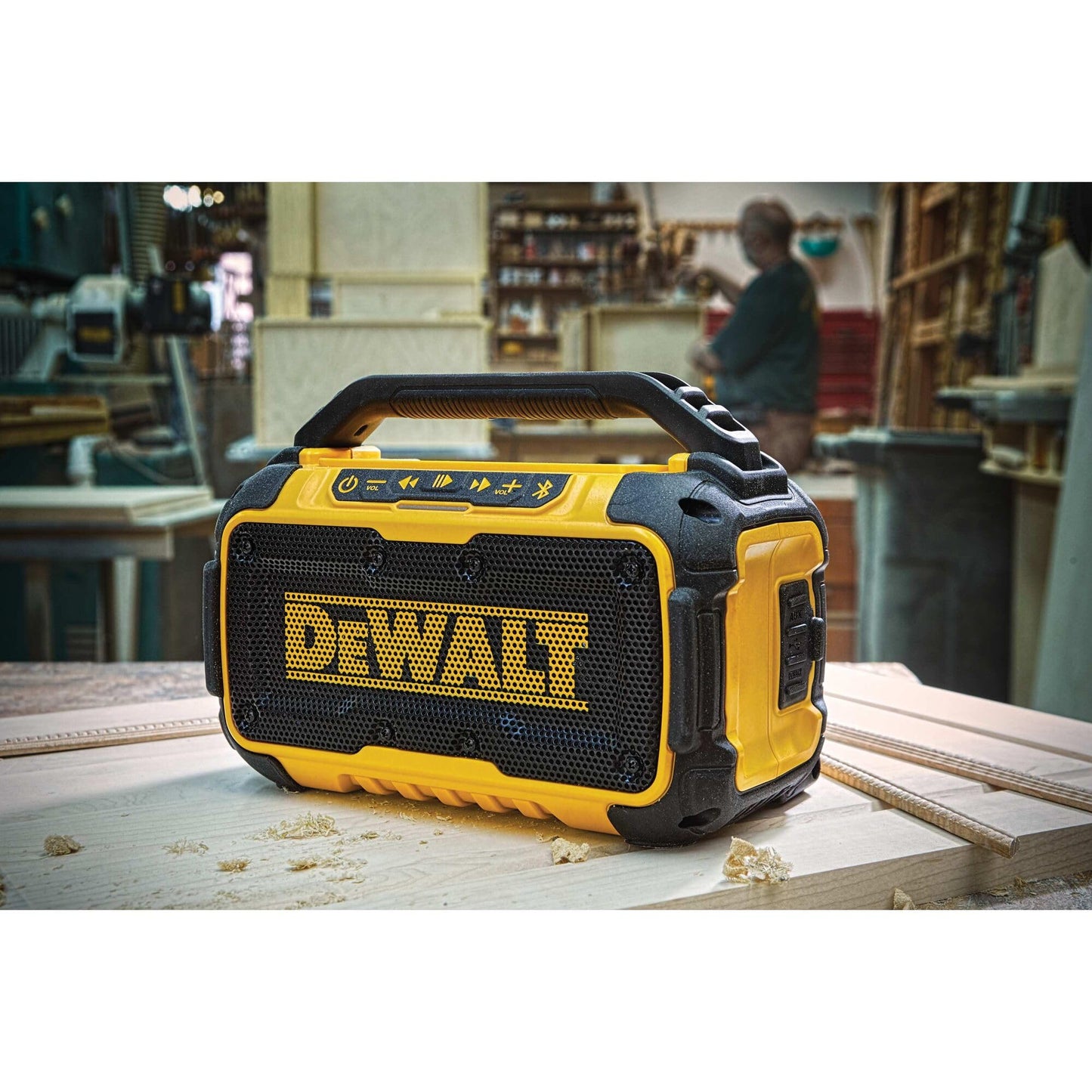 DEWALT 20V MAX Bluetooth Speaker, 100 ft Range, Durable for Jobsites, Phone Holder Included, Lasts 8-10 Hours with Single Charge