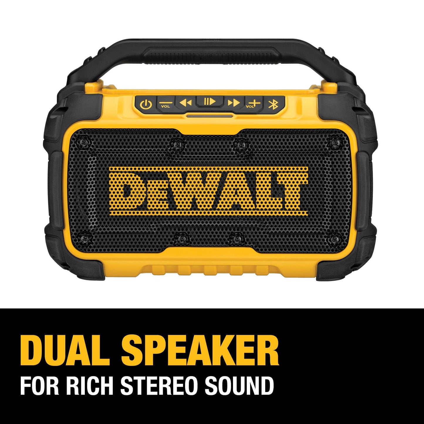 DEWALT 20V MAX Bluetooth Speaker, 100 ft Range, Durable for Jobsites, Phone Holder Included, Lasts 8-10 Hours with Single Charge