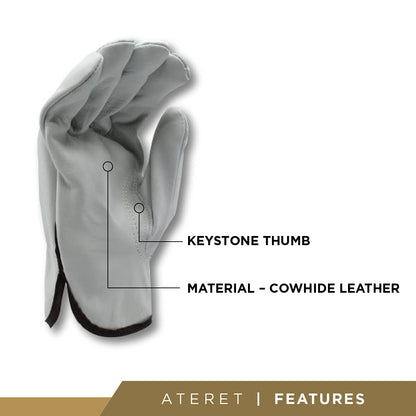 ATERET 12 Pairs Large Heavy Duty Durable Cowhide Leather Work Gloves I Driver and Rigging Gloves