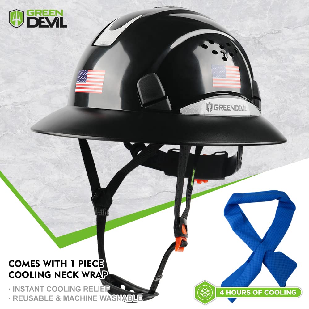 Full Brim Hard Hat, OSHA Approved, Vented, Cooling Towel, Adjustable Suspension