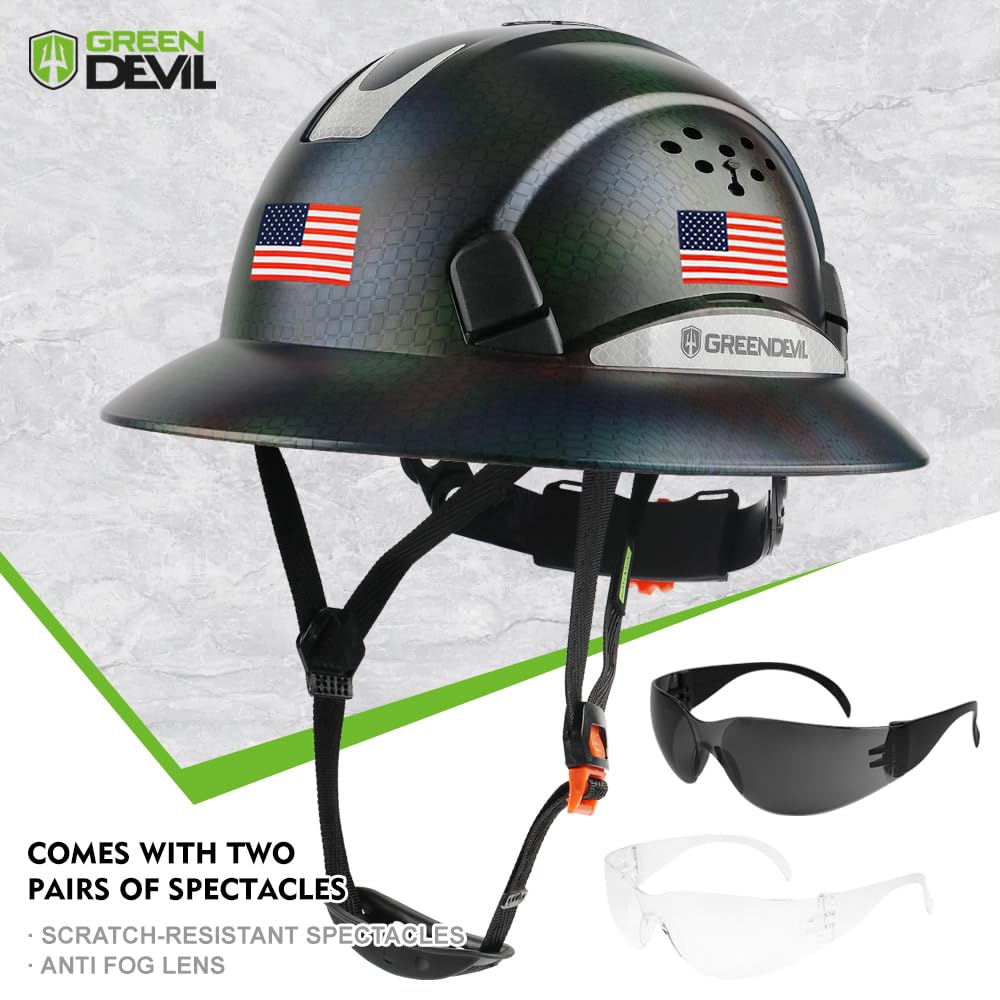 GREEN DEVIL Full Brim Hard Hat, OSHA Approved, Adjustable, Custom Design