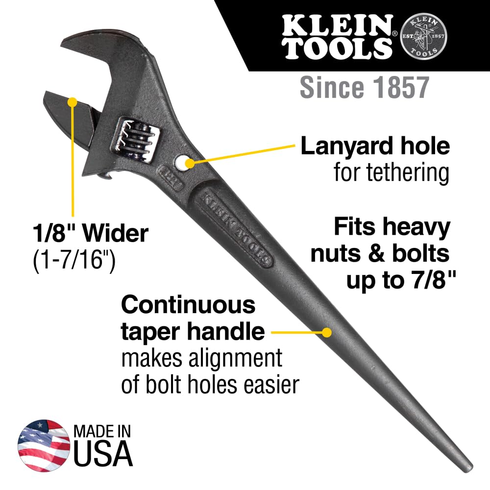 Klein Tools Extra Wide Adjustable Wrench, Made in USA, Construction Spud Wrench