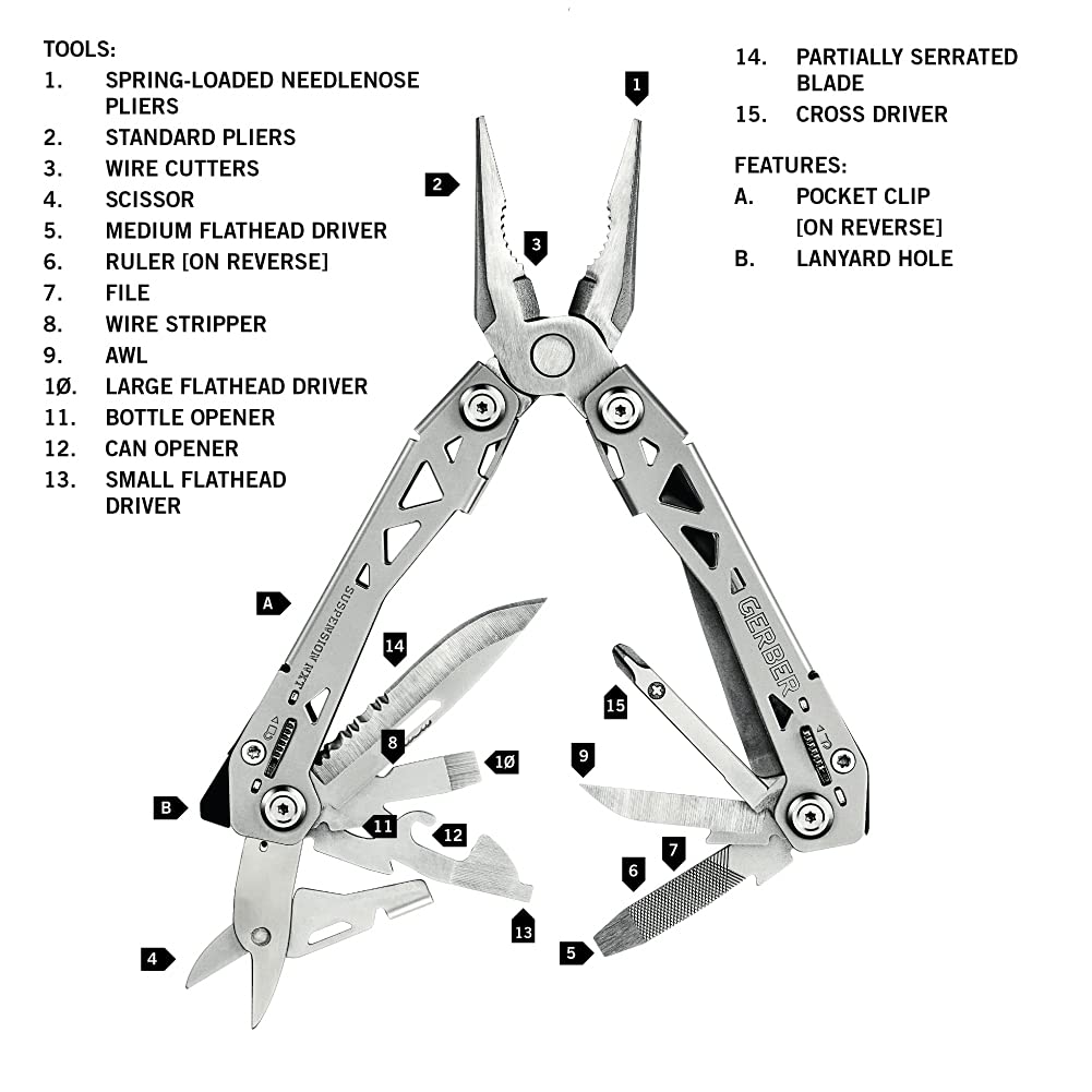 Gerber Suspension-NXT 15-in-1 Multi-Tool, Stainless Steel, Camping, Survival, Pocket Knife