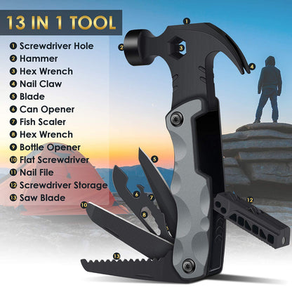 13-in-1 Multitool, Camping Accessories, Survival Hammer, Stocking Stuffer Gifts for Men, Women, Adults