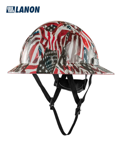 LANON Full Brim Hard Hat, OSHA Construction Work Approved, Premium American Flag Design