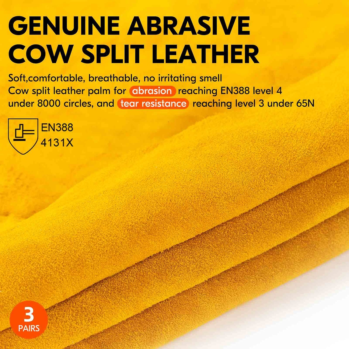 Vgo... 3-Pairs Unlined Cowhide Split Leather Work and Driver Gloves, for Heavy Duty, Truck Driving