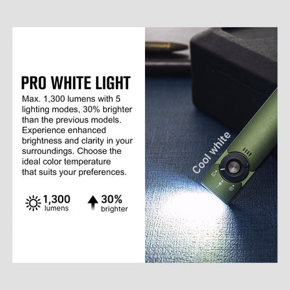 OLIGHT Arkfeld Pro EDC Flashlight, 1300 Lumens, Green Beam, UV, White LED Combo