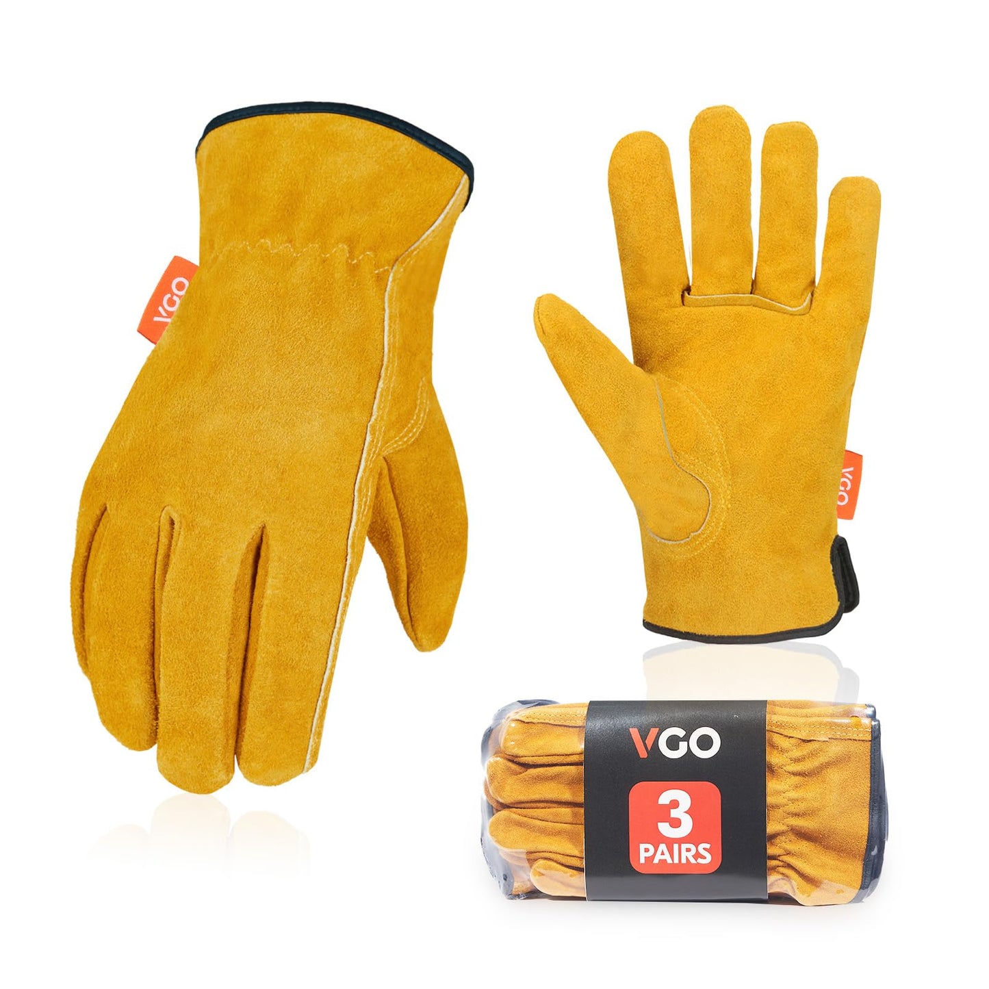 Vgo... 3-Pairs Unlined Cowhide Split Leather Work and Driver Gloves, for Heavy Duty, Truck Driving