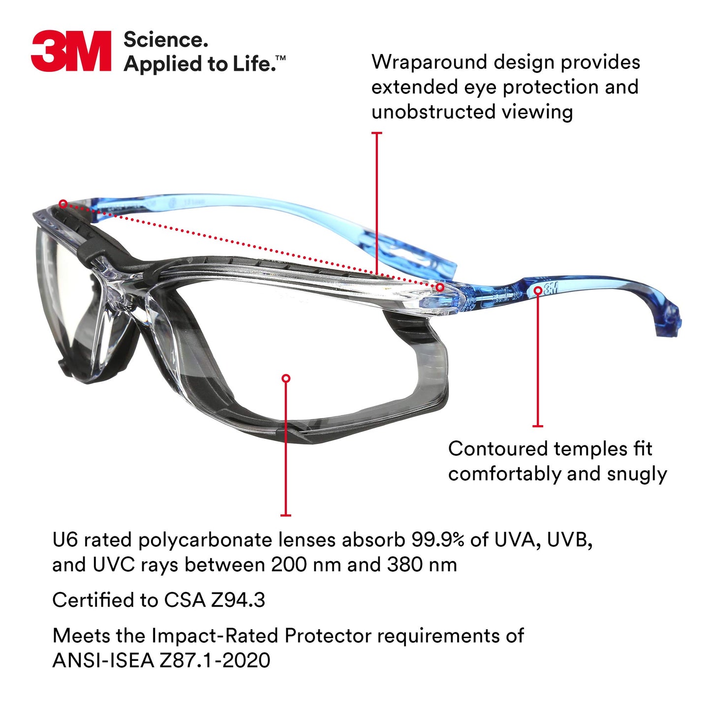 3M Virtua CCS Safety Glasses, ANSI Z87, Anti-Fog, Clear Lens, Ear Plug System