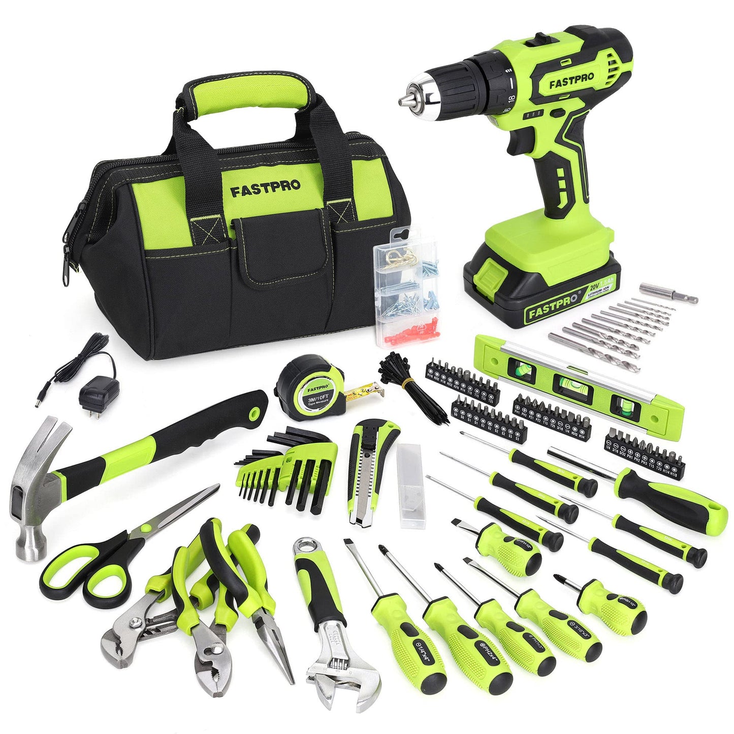 FASTPRO 232-Piece 20V Drill Driver Set, Lithium-ion, Tool Kit with Storage Bag, Green