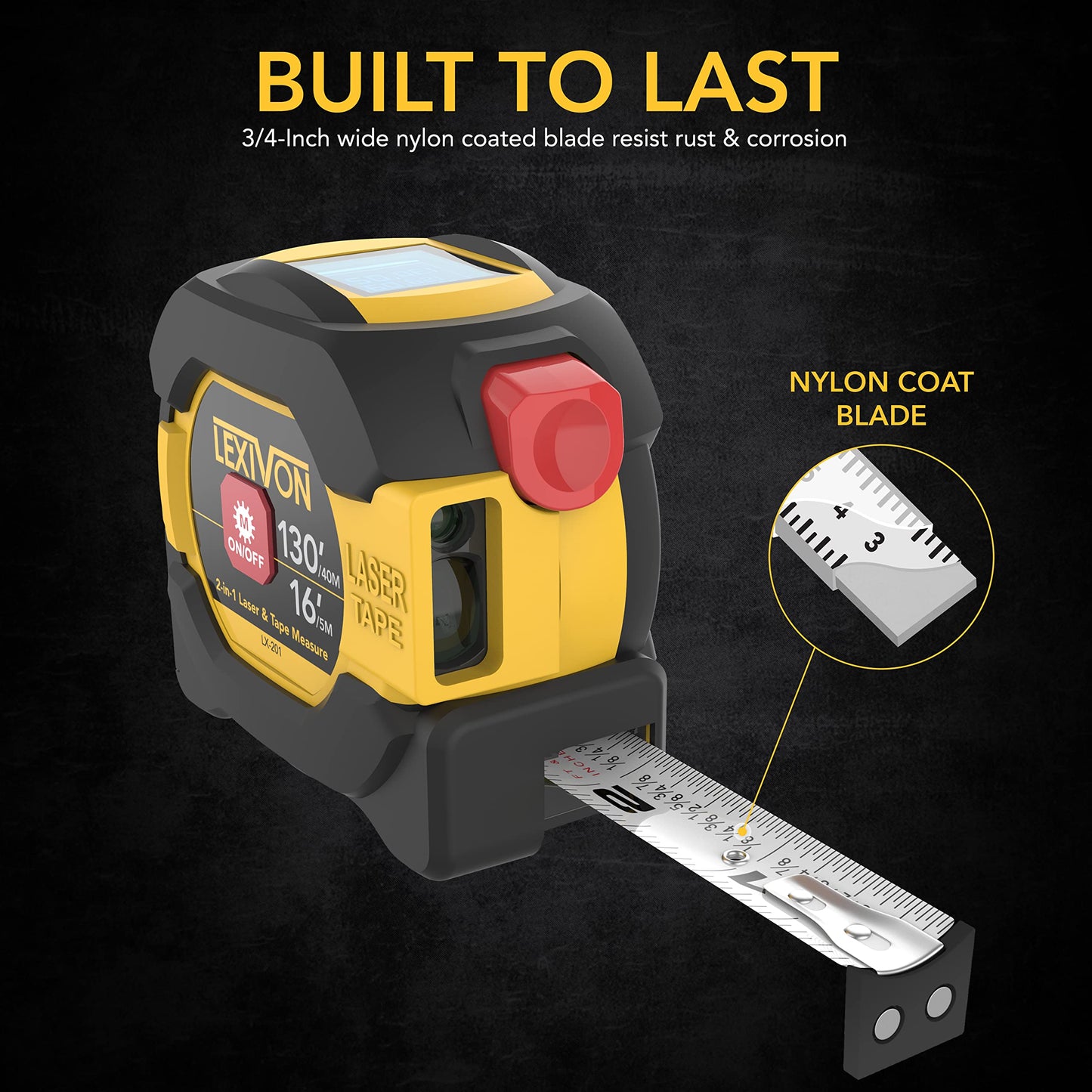 LEXIVON 2-in-1 Laser Tape Measure, 130ft Laser Meter, LCD Screen, AutoLock Tape