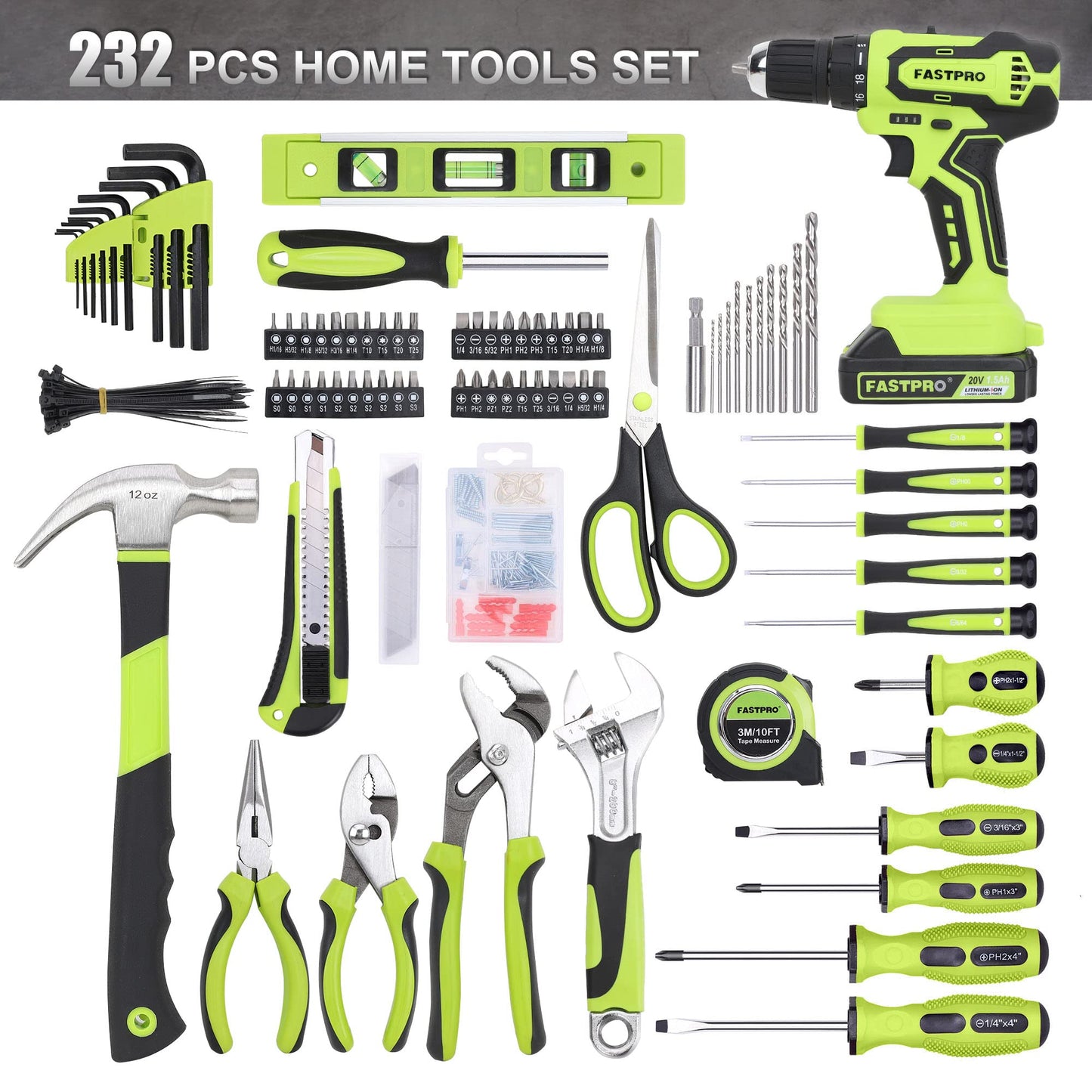 FASTPRO 232-Piece 20V Drill Driver Set, Lithium-ion, Tool Kit with Storage Bag, Green