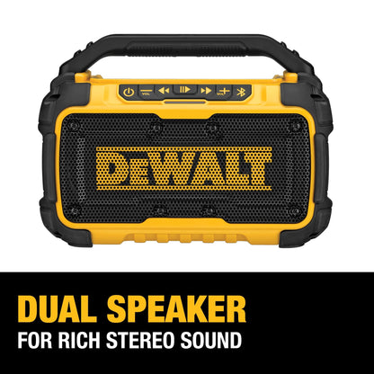 DEWALT 20V MAX Bluetooth Speaker, 100 ft Range, Durable for Jobsites, Phone Holder Included, Lasts 8-10 Hours with Single Charge