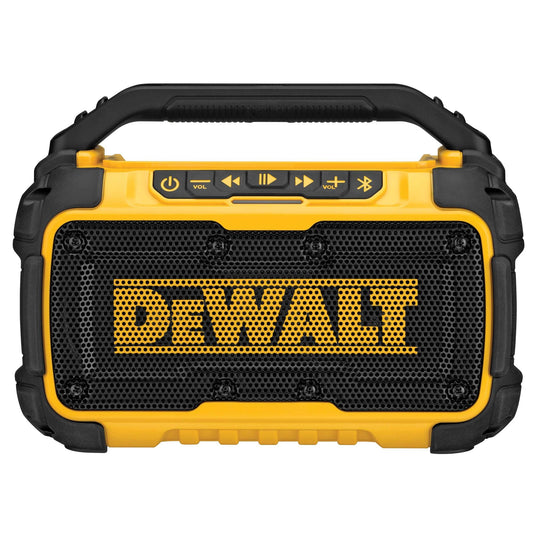 DEWALT 20V MAX Bluetooth Speaker, 100 ft Range, Durable for Jobsites, Phone Holder Included, Lasts 8-10 Hours with Single Charge