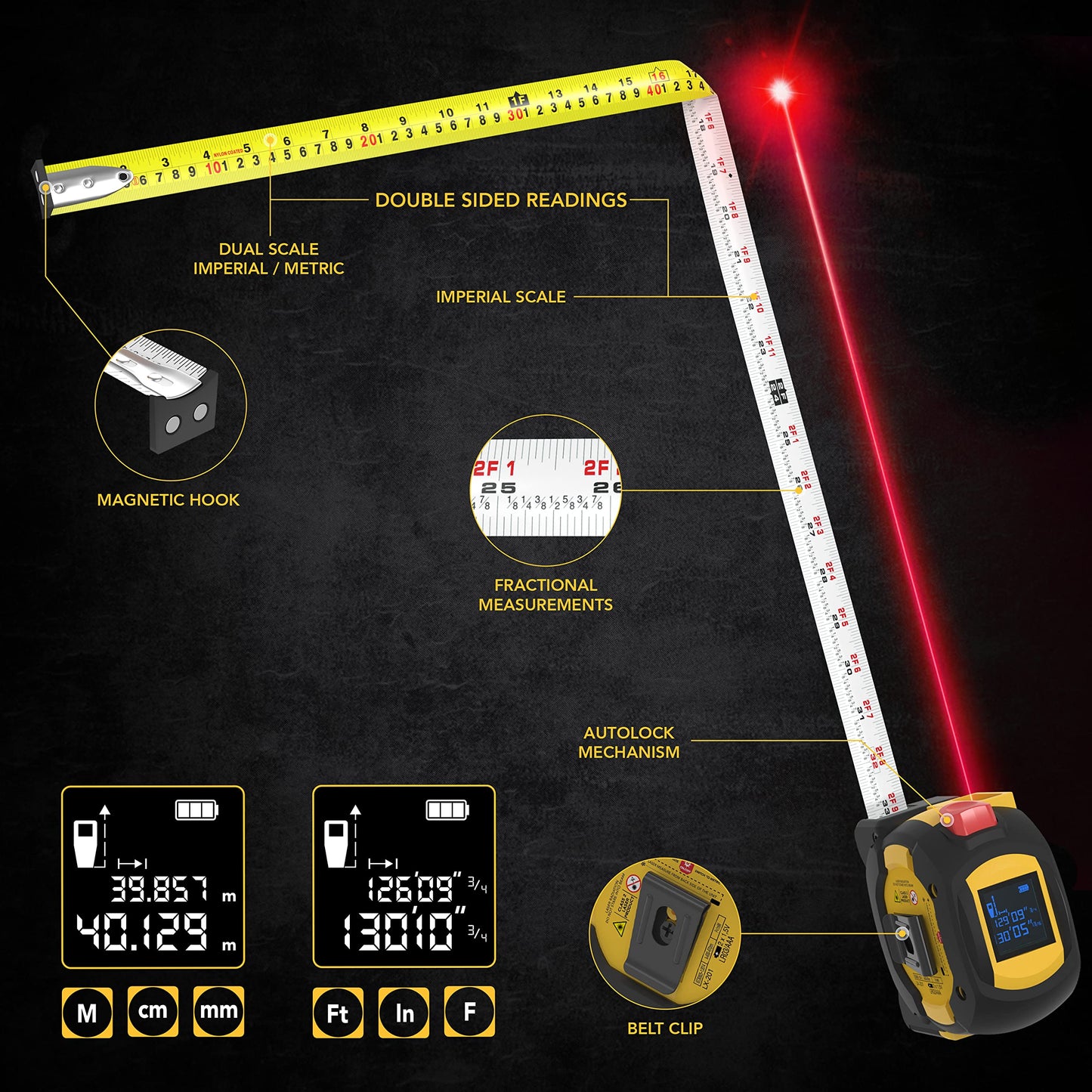 LEXIVON 2-in-1 Laser Tape Measure, 130ft Laser Meter, LCD Screen, AutoLock Tape